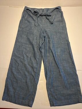 J.CREW Tie Waist Crop Pants Womens Blue Chambray Cotton Wide Leg Size 4 Boho